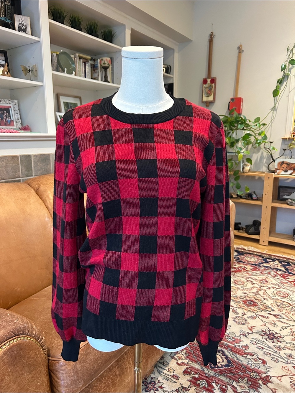 Plaid Crewneck Sweater in Red and Black - Casual Knit Top - Picture 7 of 7